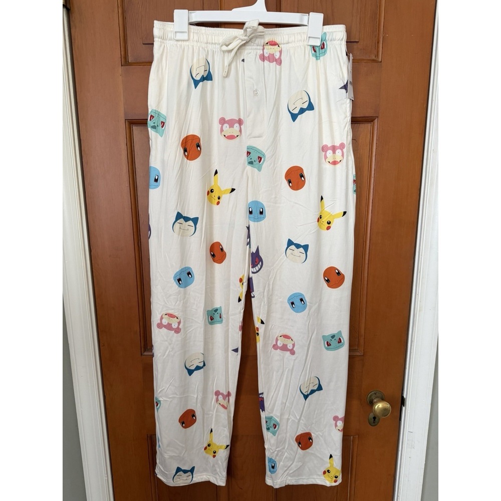 Men's Pokémon White Pajamas Pants Size Medium NWT Pikachu, Gengar, Squirtle